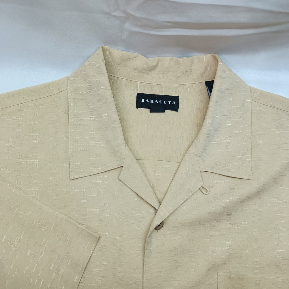 Baracuta Mens‎ XL Silk Short Sleeve Button Down Shirt Tan Jacquard Camp Collar